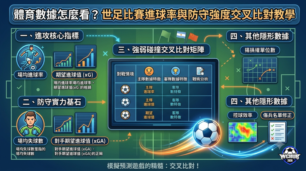 Educational infographic for World Cup match analysis, comparing offense and defense metrics like Goal Rate, Expected Goals (xG), and Clean Sheets for soccer analysis.